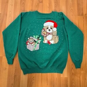Vintage 90s Hanes Fleece Sweater Size L Christmas Kitten Puppy Cute Novelty Cozy